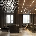 Modern Home Theater Interior With Large Screen TV Cozy Sofa Textured Ceiling And Linear Lights