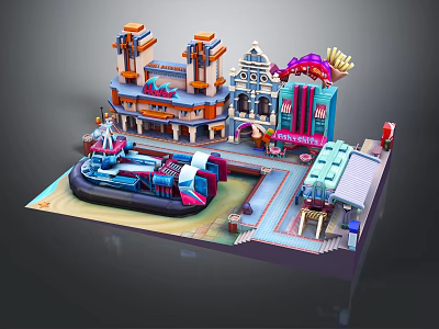 Colorful Cartoon City Scene With Buildings Cars And Playful Elements 3d model