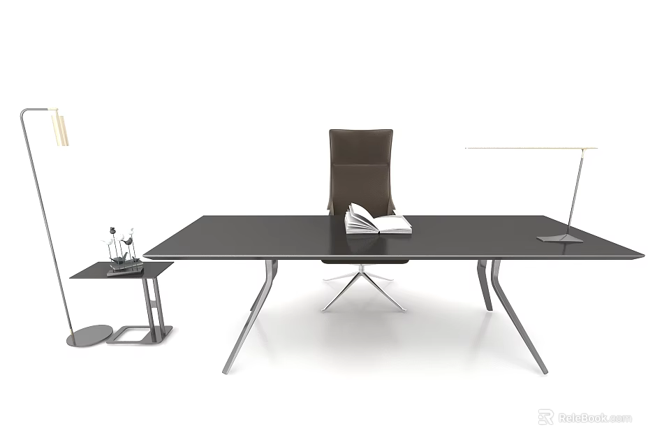 Modern Black Office Desk With Metal Legs Chair And Table Lamp 3d model 