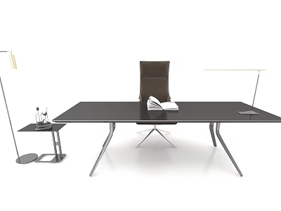 Modern Black Office Desk With Metal Legs Chair And Table Lamp 3d model