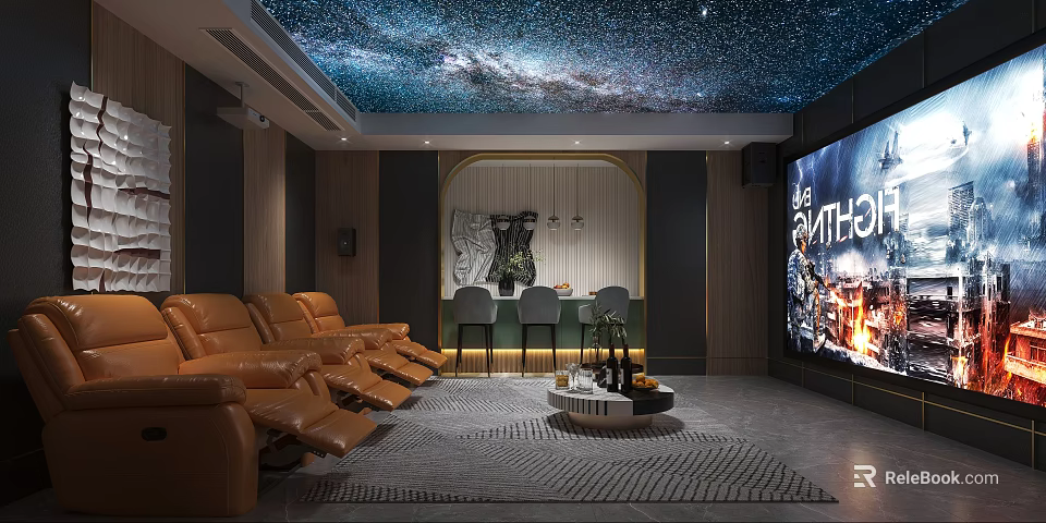Modern Home Theater Interior Design With Galaxy Ceiling Brown Leather Sofas And Large Screen 3d model