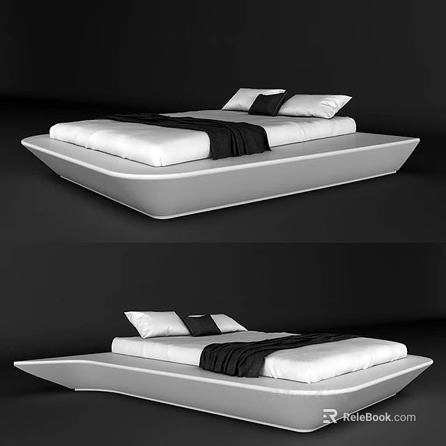 Modern Minimalist Double Bed With White Frame Mattress Black White Pillows And Blanket 3d model 
