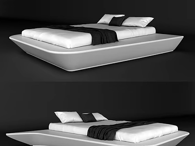 Modern Minimalist Double Bed With White Frame Mattress Black White Pillows And Blanket 3d model