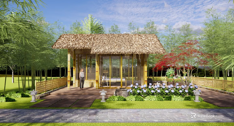 Traditional Thatched House With Bamboo Structure Glass Windows Stone Path And Hydrangea Garden 3d model 