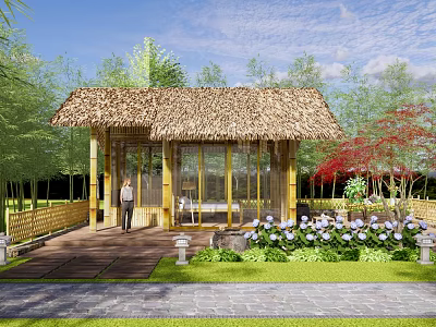 Traditional Thatched House With Bamboo Structure Glass Windows Stone Path And Hydrangea Garden 3d model
