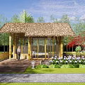Traditional Thatched House With Bamboo Structure Glass Windows Stone Path And Hydrangea Garden