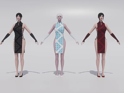 Women in Black Blue Patterned Red Qipao Dresses with Long Gloves High Heels on White 3d model
