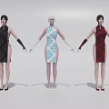 Women in Black Blue Patterned Red Qipao Dresses with Long Gloves High Heels on White