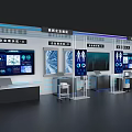 Smart Exhibition Island With Multiple Screens Data Charts And Display Stands 3d model