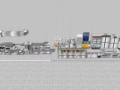 Commercial Kitchen Setup With Various Appliances Including Refrigerators Ovens And Workstations 3d model