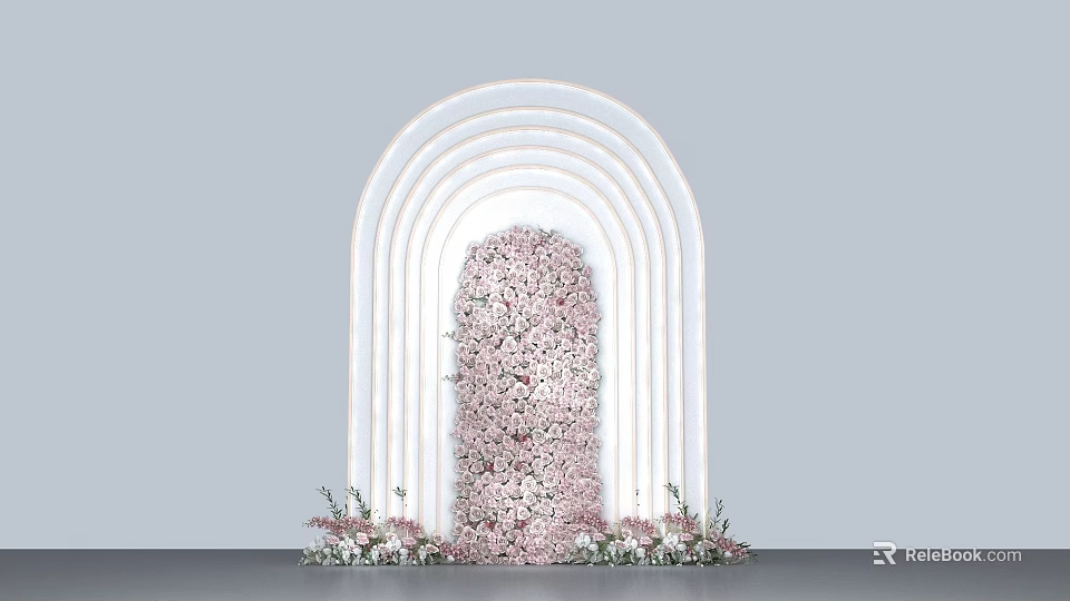 Elegant Wedding Arch With Pink Flower Wall And White Curved Structure 3d model 