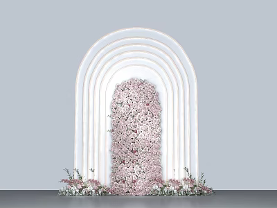 Elegant Wedding Arch With Pink Flower Wall And White Curved Structure 3d model