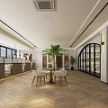 Modern Cafe Interior With Palm Tree Large Windows Booth Seating And Herringbone Flooring