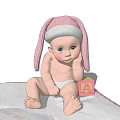 Adorable Baby Doll In Pink Rabbit Hat On White Checkered Blanket With Yellow Block A