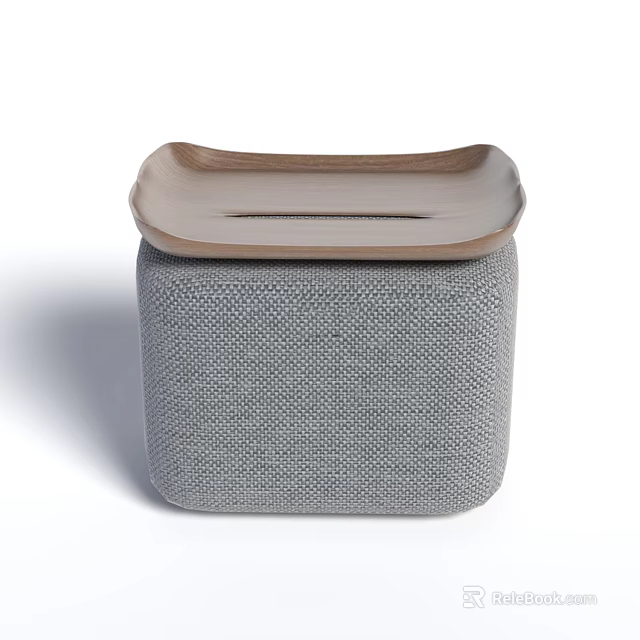 Stylish Gray Sofa Stool With Textured Fabric And Wooden Top Design 3d model 