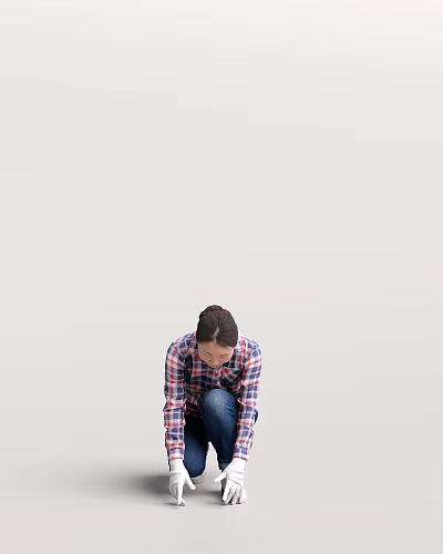 Woman In Plaid Shirt And Jeans Squatting On The Ground Looking Down 3d model