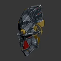 Futuristic Character Wearing Metallic Biomechanical Mask With Silver Red And Gold Intricate Accents