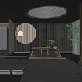 Modern Luxury Teahouse Interior With Chinese Elements Round Pendant Light Wooden Partitions And Marble Floor