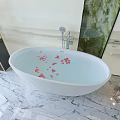 White Freestanding Bathtub With Red Petals On Water And Landscape Painting Background