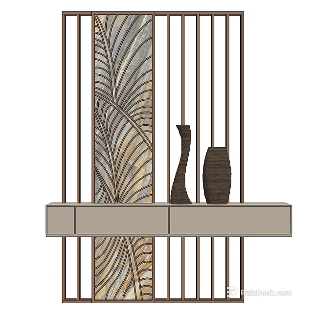 Modern Room Divider With Wooden Slats Decorative Panel And Vases On Shelf 3d model 