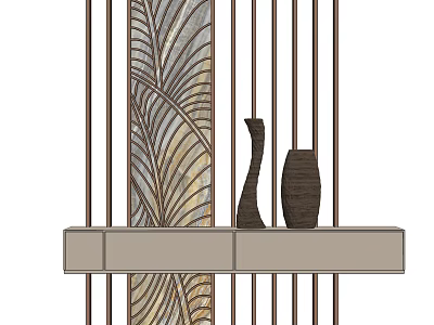 Modern Room Divider With Wooden Slats Decorative Panel And Vases On Shelf 3d model