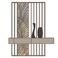Modern Room Divider With Wooden Slats Decorative Panel And Vases On Shelf