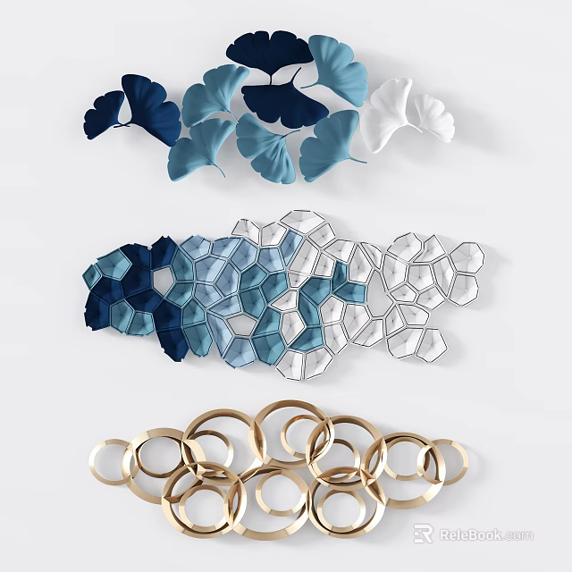 Modern Wall Decor With Ginkgo Leaf Hexagon Pattern And Golden Ring Designs 3d model