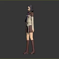 3D Female Character Model With Red White Uniform Blue Scarf And Glowing Pink Base