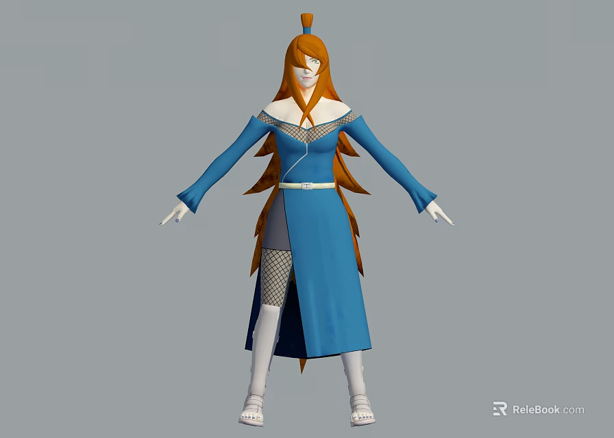 Game Movie Character With Orange Hair Blue Long Dress And White Boots 3d model 