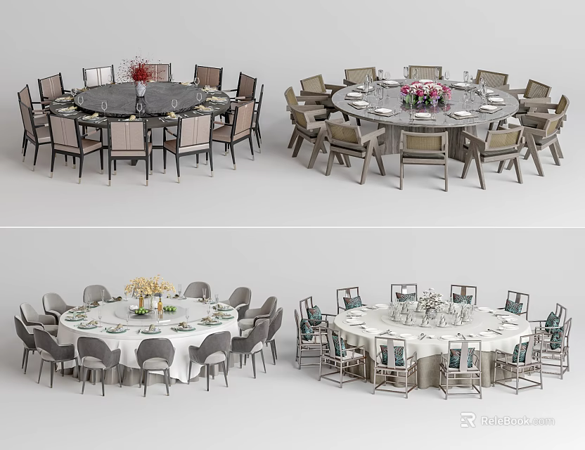 Various Round Dining Table Sets With Matching Chairs And Decorative Centerpieces 3d model