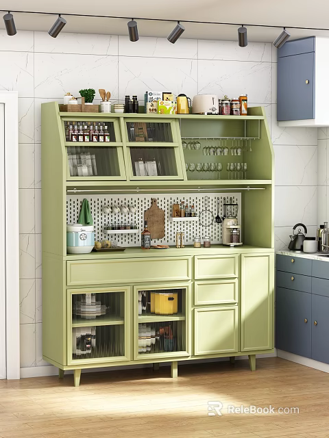 Light Green Modern Kitchen Sideboard With Glass Doors Shelves And Utensil Hooks For Storage 3d model 