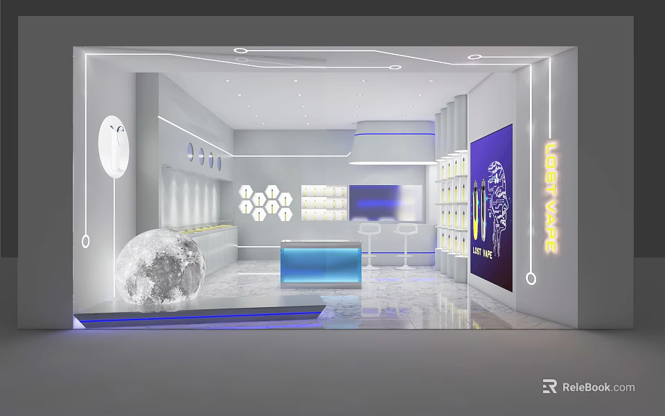 Modern Light Care Store Interior With White Shelves Blue Counter And Moon Decoration 3d model 