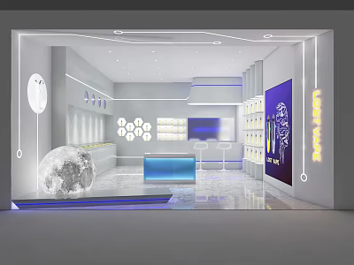 Modern Light Care Store Interior With White Shelves Blue Counter And Moon Decoration 3d model