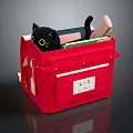Decorative Red Storage Box With Black Cat And Colorful Supplies Inside 3d model