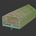 Wooden Building Model Structure with Framed Walls Roof Trusses and Standing Figure