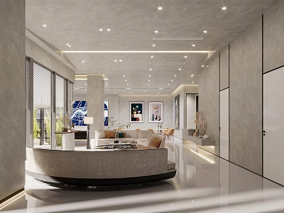 Modern Luxury Sales Office Interior With Curved Sofa Large Windows And Elegant Lighting 3d model