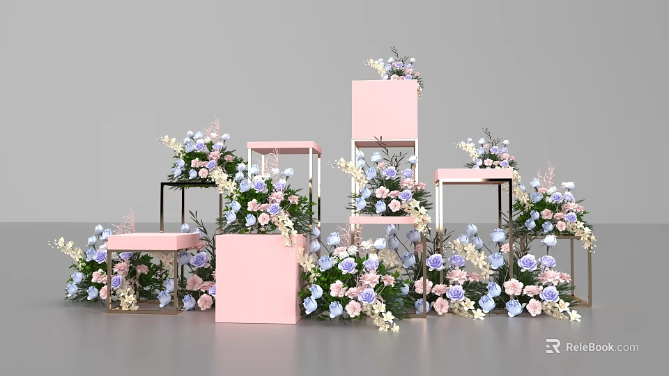 Elegant Photo Check In Spot With Pink Display Stands And Flower Decorations 3d model 