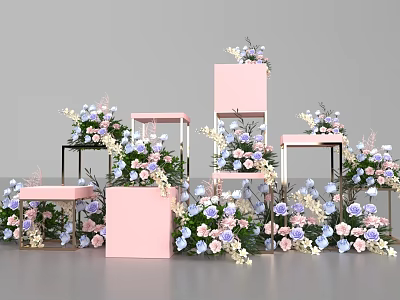 Elegant Photo Check In Spot With Pink Display Stands And Flower Decorations 3d model