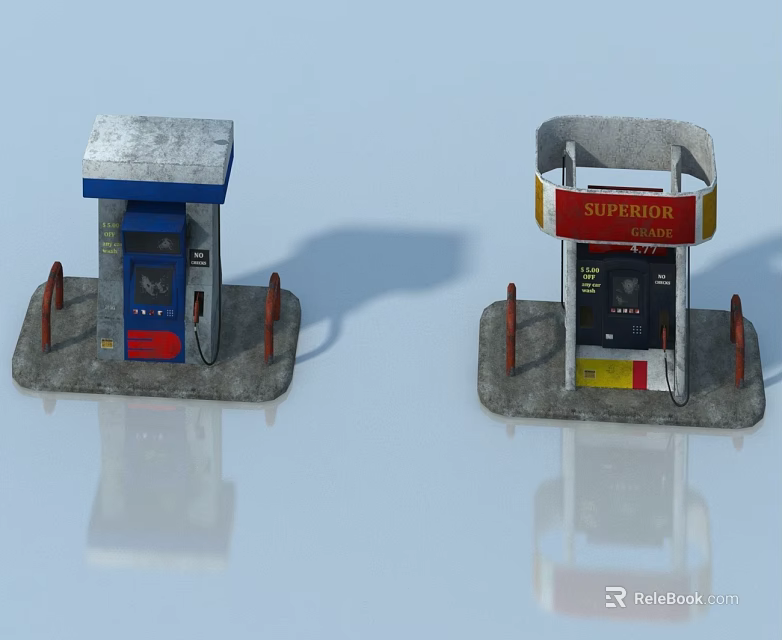 Blue And Red Gas Station Models With SUPEROIL Sign Fuel Pumps Base And Shadows 3d model 