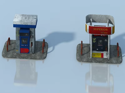 Blue And Red Gas Station Models With SUPEROIL Sign Fuel Pumps Base And Shadows 3d model