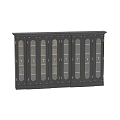 Classic Black Bookcase With Glass Doors And Decorative Details Filled With Books