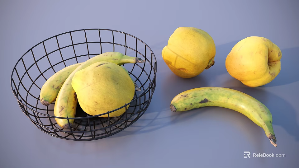 Fresh Yellow Pears and Bananas in Wire Basket on Gray Table 3d model 