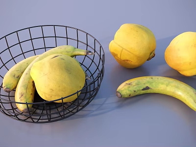 Fresh Yellow Pears and Bananas in Wire Basket on Gray Table 3d model