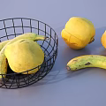 Fresh Yellow Pears and Bananas in Wire Basket on Gray Table