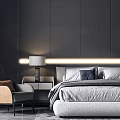 Modern Double Bed With Dark Gray Wall LED Light Strip And Gray Blue Pillows