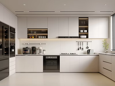 Contemporary White Kitchen With Black Appliances Hanging Utensils And Cabinets 3d model