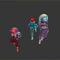 Three Astronaut Characters Running in Spacesuits with Orange Red Blue Helmets on Dark Reflective Ground