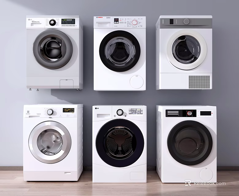 Modern Front Load Washing Machines With Various Designs And White Finishes For Home Use 3d model 