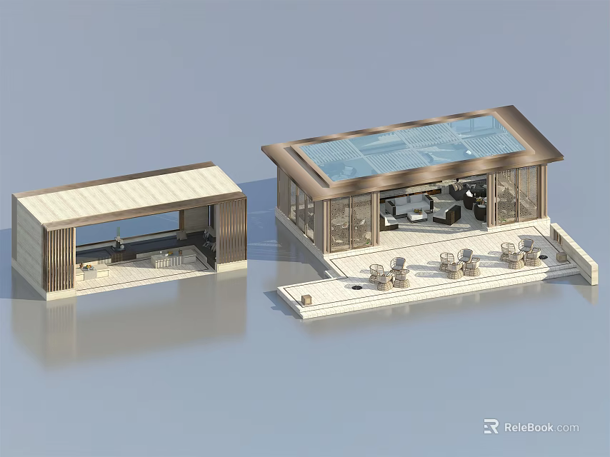 Modern Architectural Models Featuring Glass Roof Wooden Structure And Outdoor Seating 3d model 