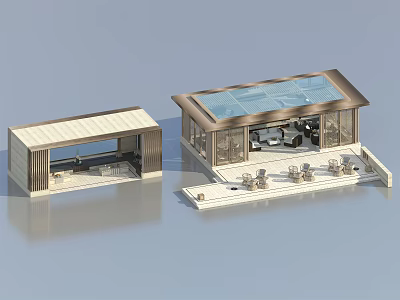 Modern Architectural Models Featuring Glass Roof Wooden Structure And Outdoor Seating 3d model
